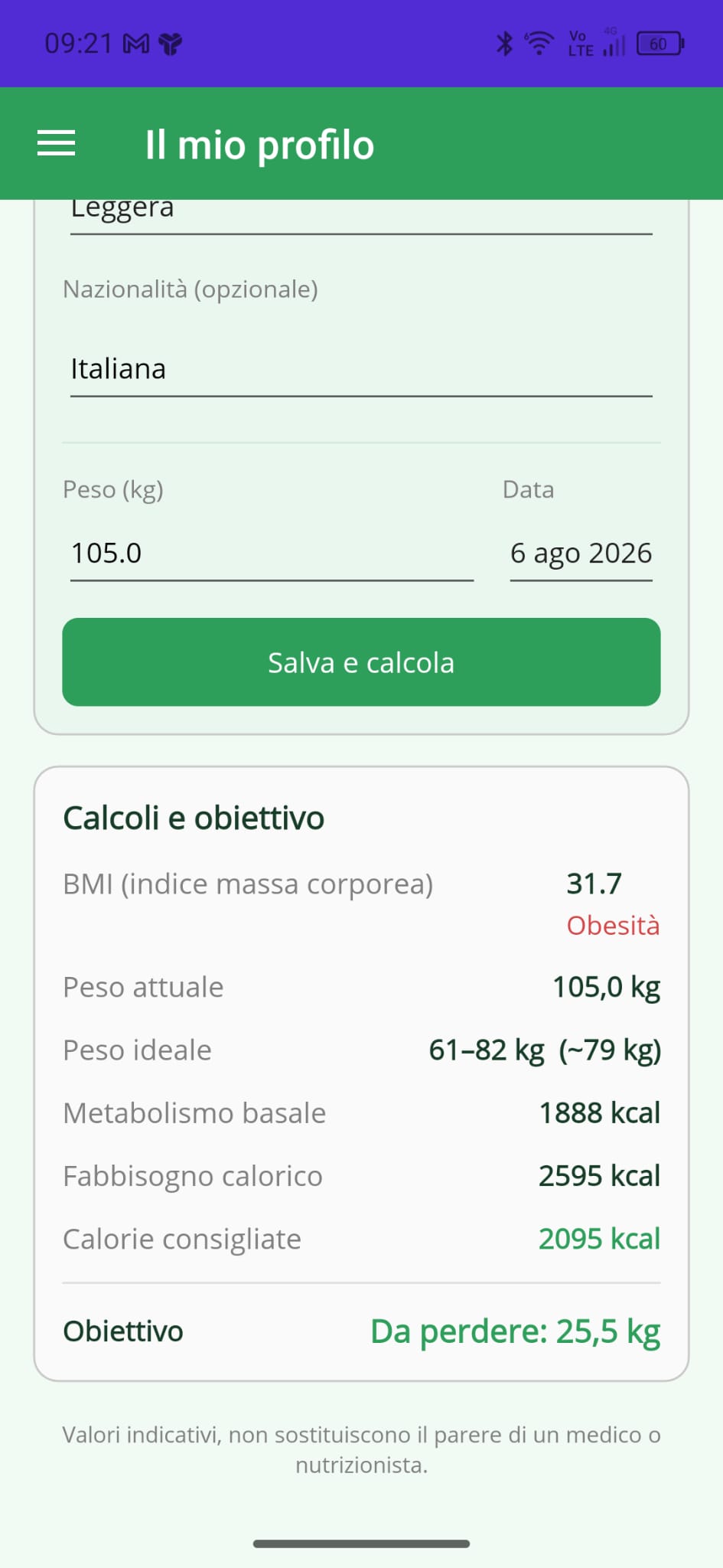 Profilo, BMI e calorie