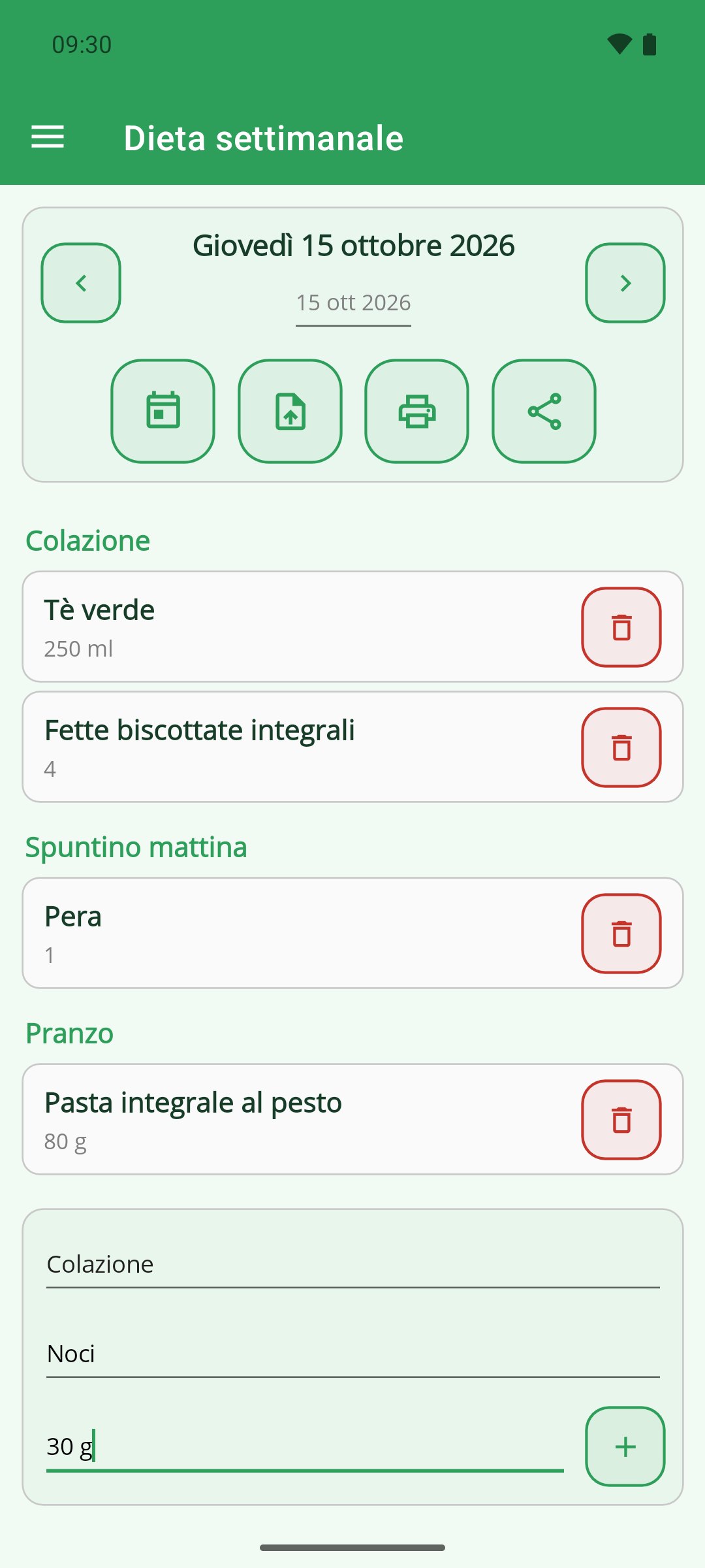 La Mia Dieta — la riga per aggiungere un alimento