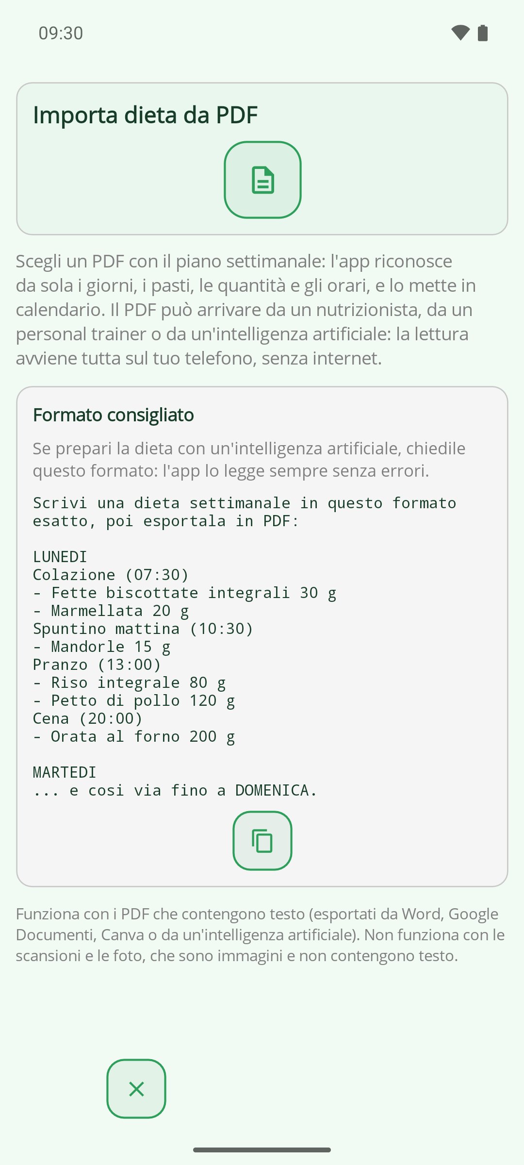 La Mia Dieta — importare la dieta da un PDF
