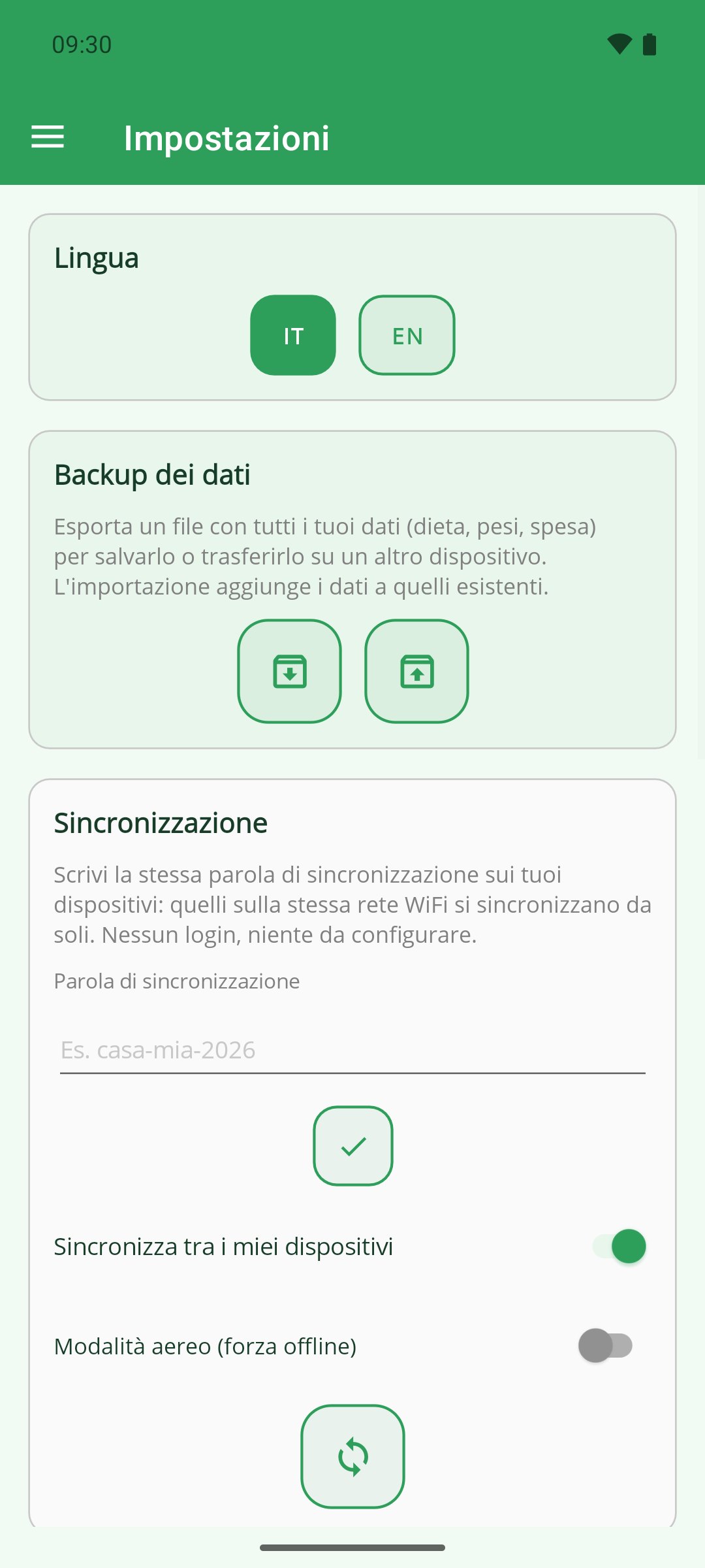 La Mia Dieta — impostazioni