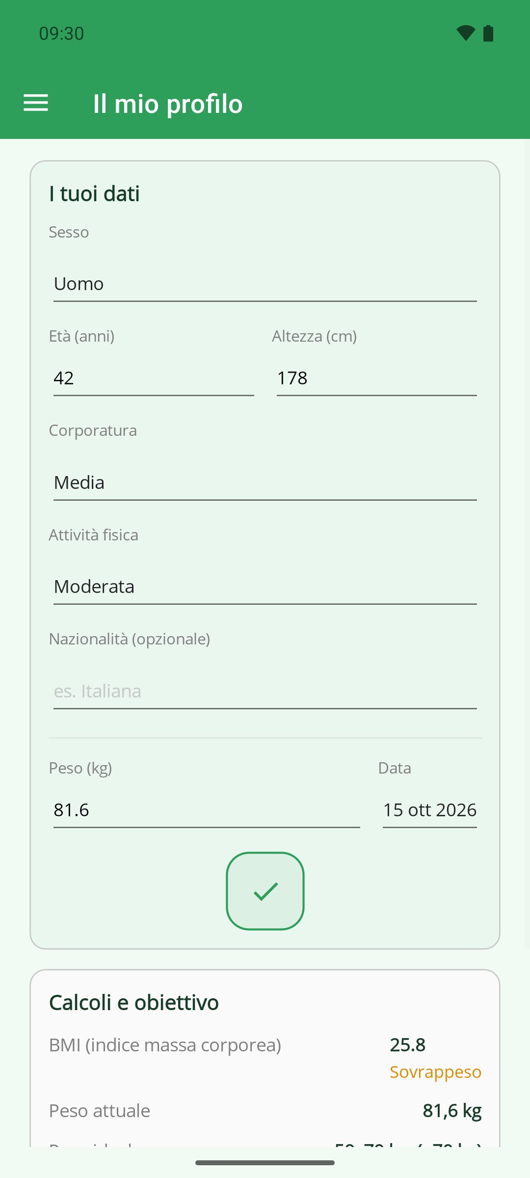 La Mia Dieta — il profilo e i calcoli