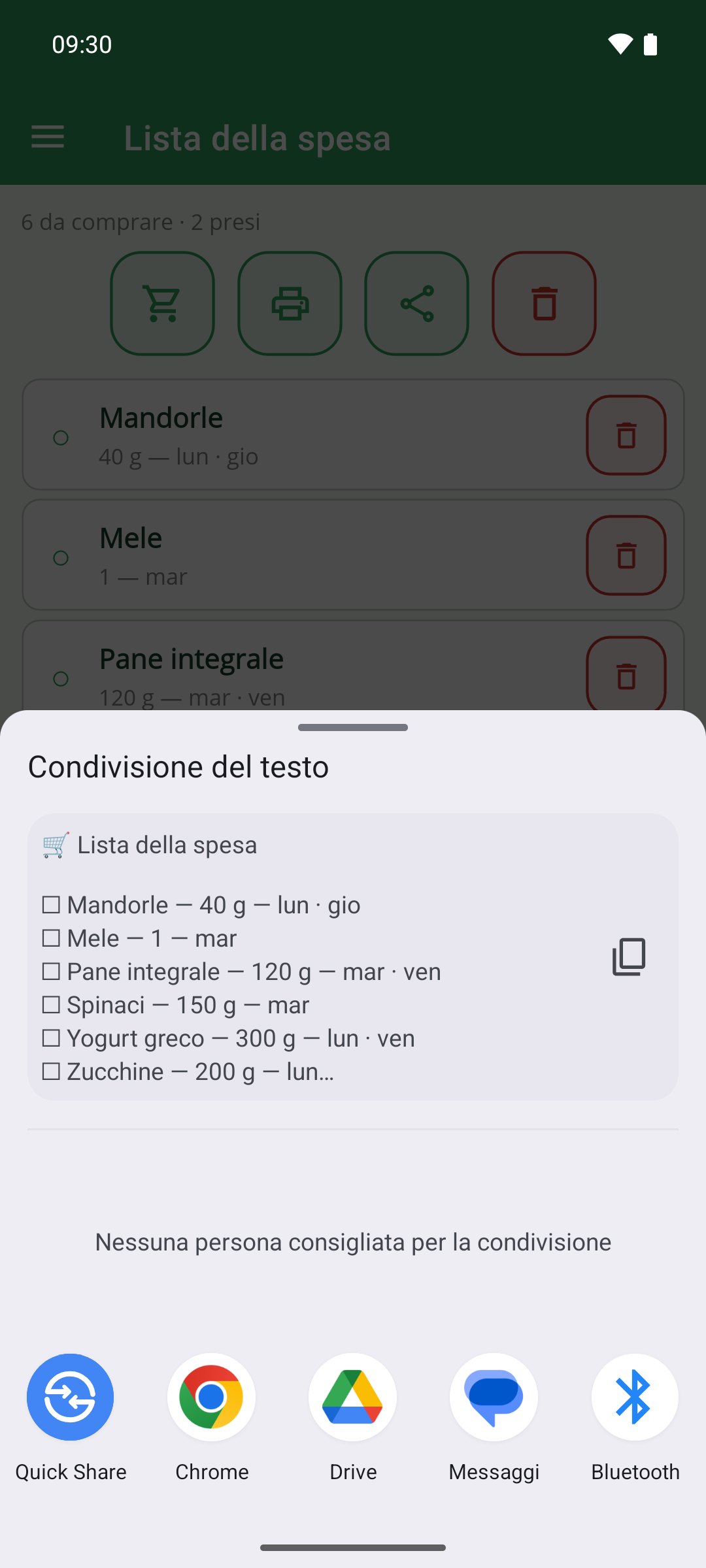 La Mia Dieta — condividere la lista della spesa