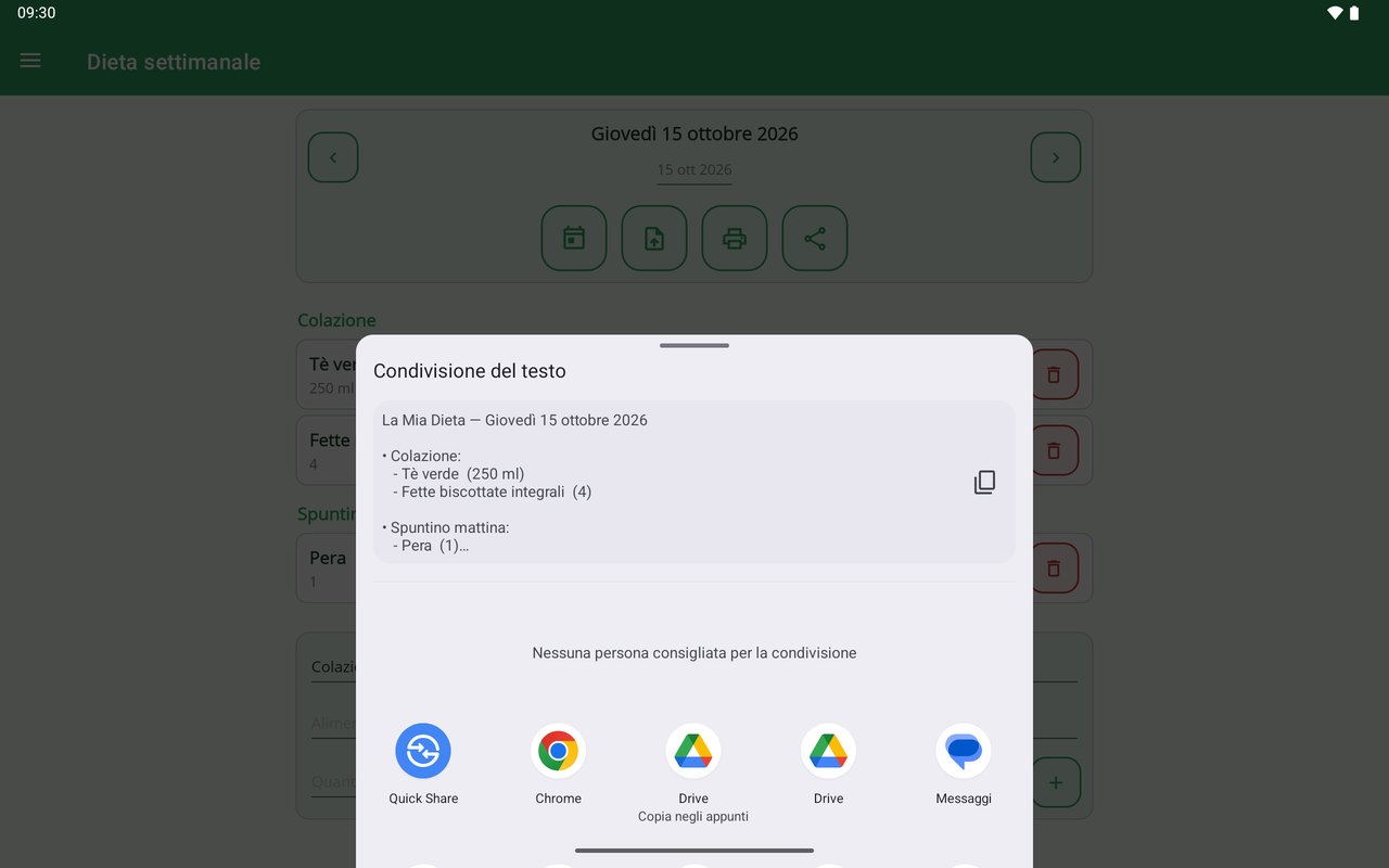 La Mia Dieta su tablet — condividere la dieta