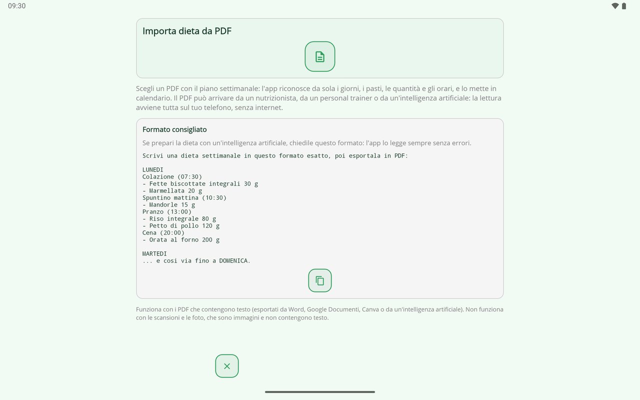 La Mia Dieta su tablet — importare da PDF