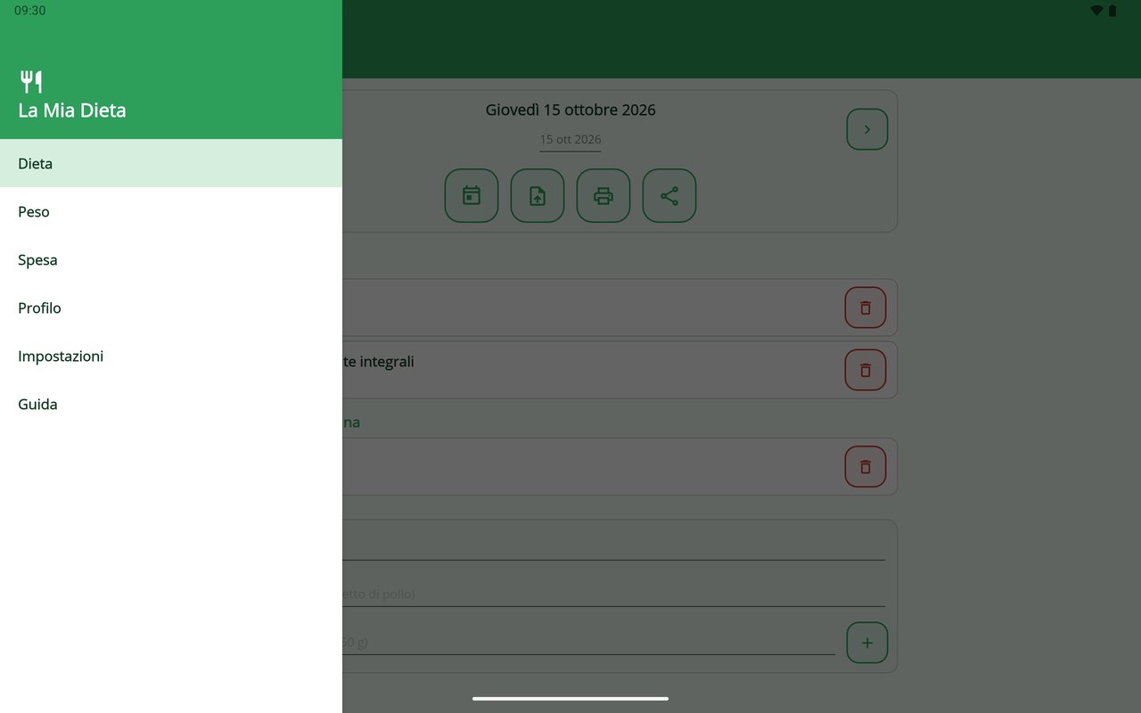 La Mia Dieta su tablet — menu
