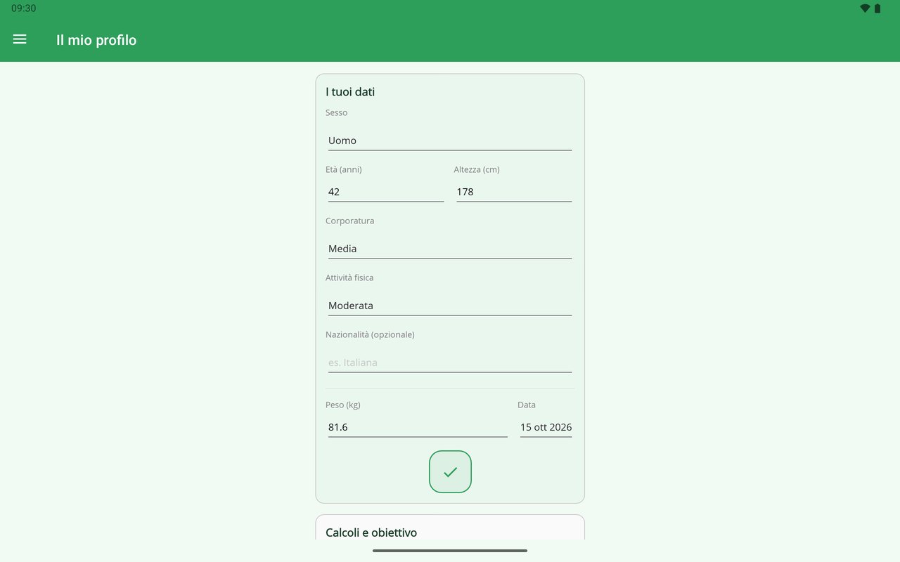 La Mia Dieta su tablet — il profilo