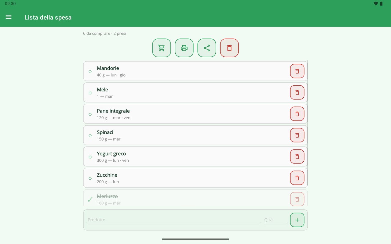 La Mia Dieta su tablet — la lista della spesa