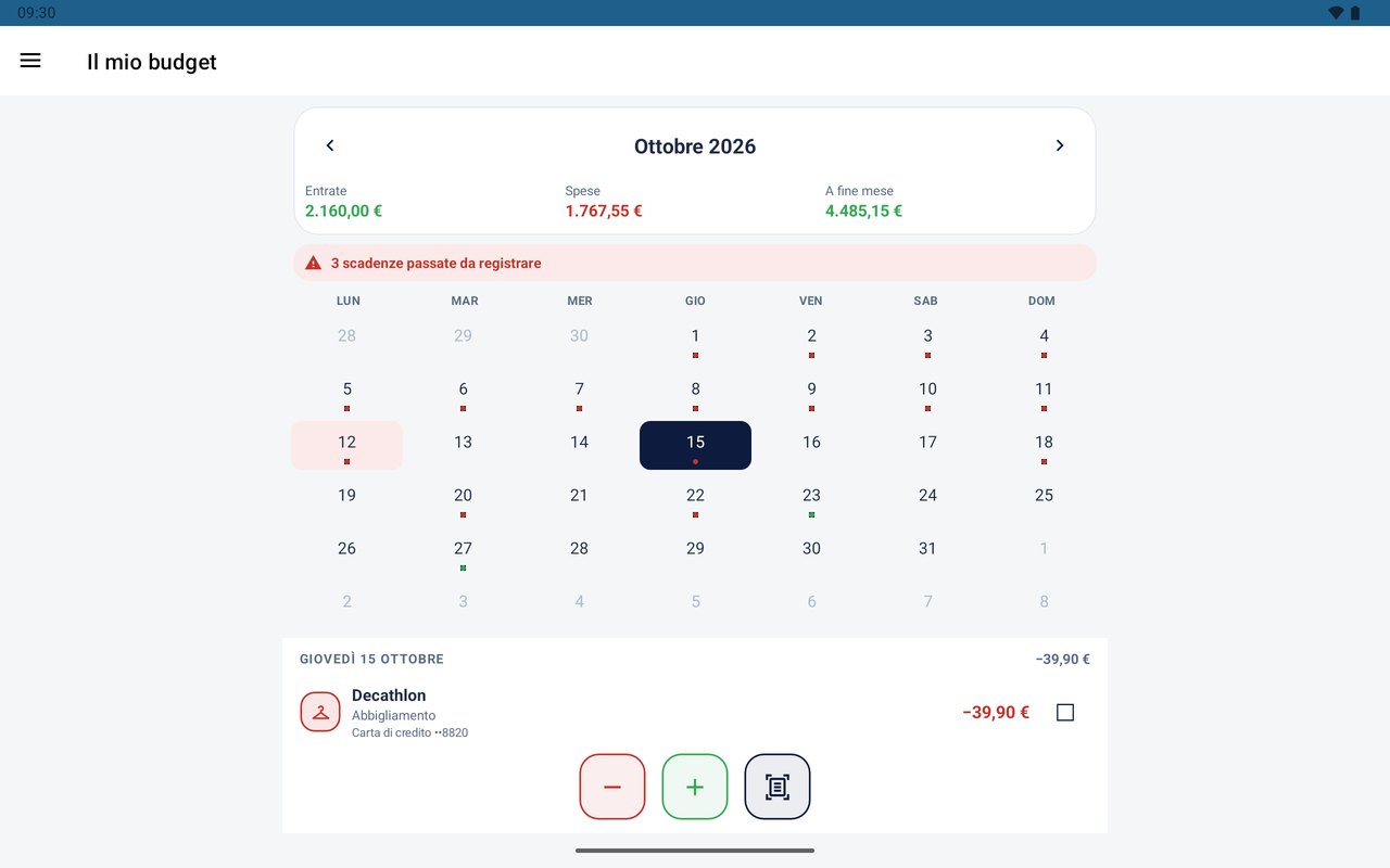 Il Mio Budget su tablet — il calendario