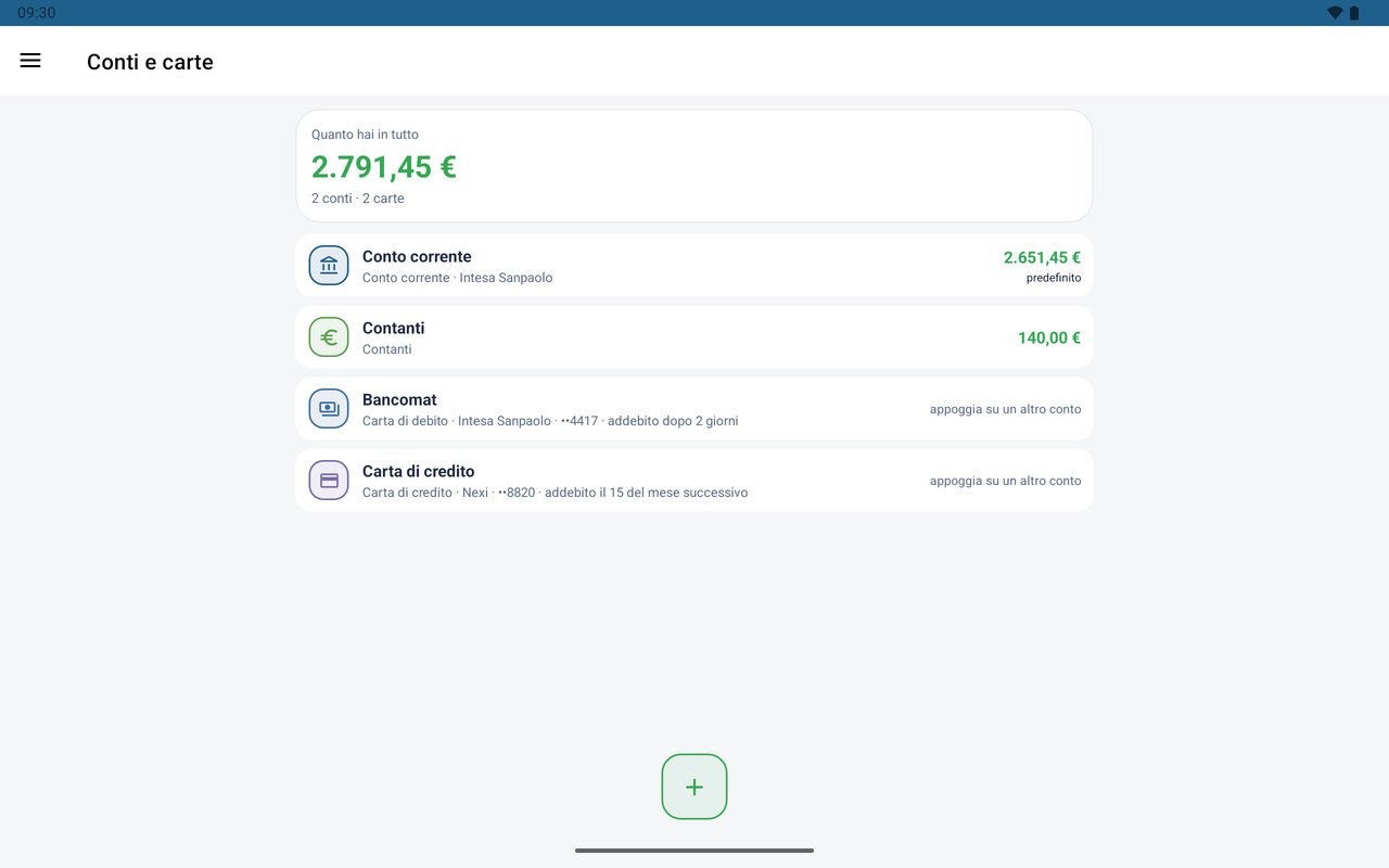 Il Mio Budget su tablet — conti e carte