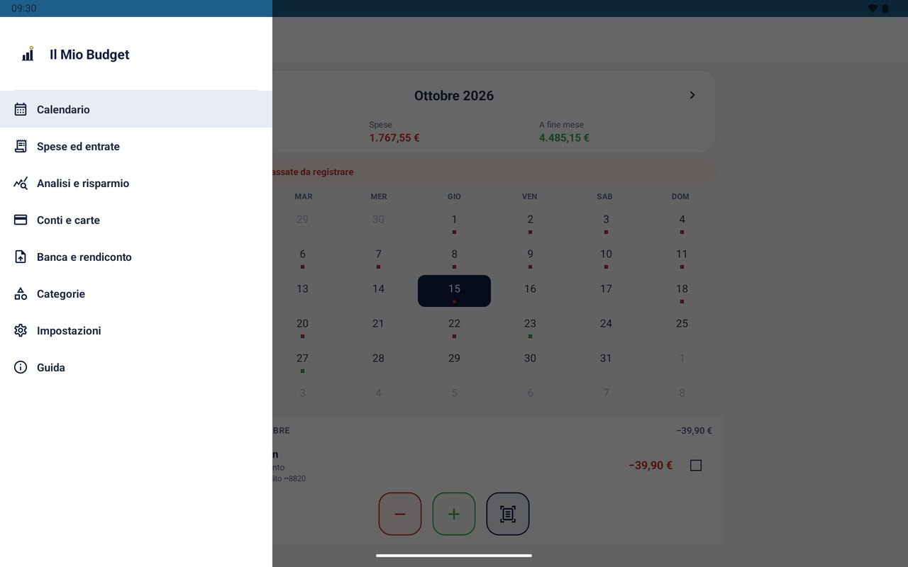 Il Mio Budget su tablet — menu