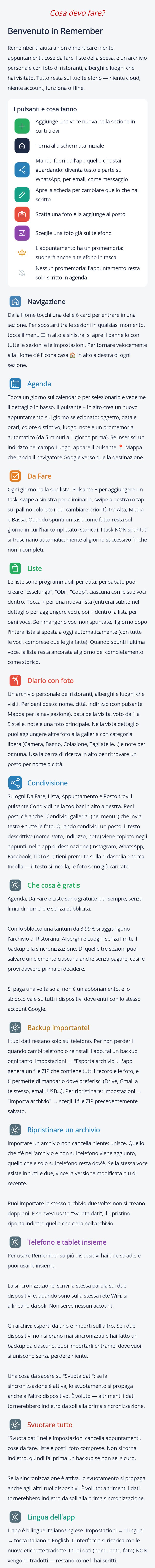 Remember — la guida all'uso, per intero