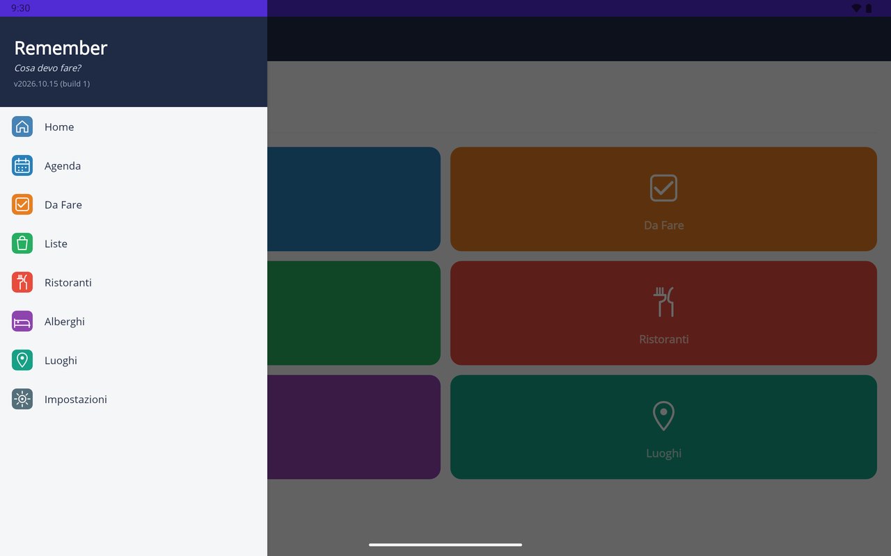 Remember su tablet — menu