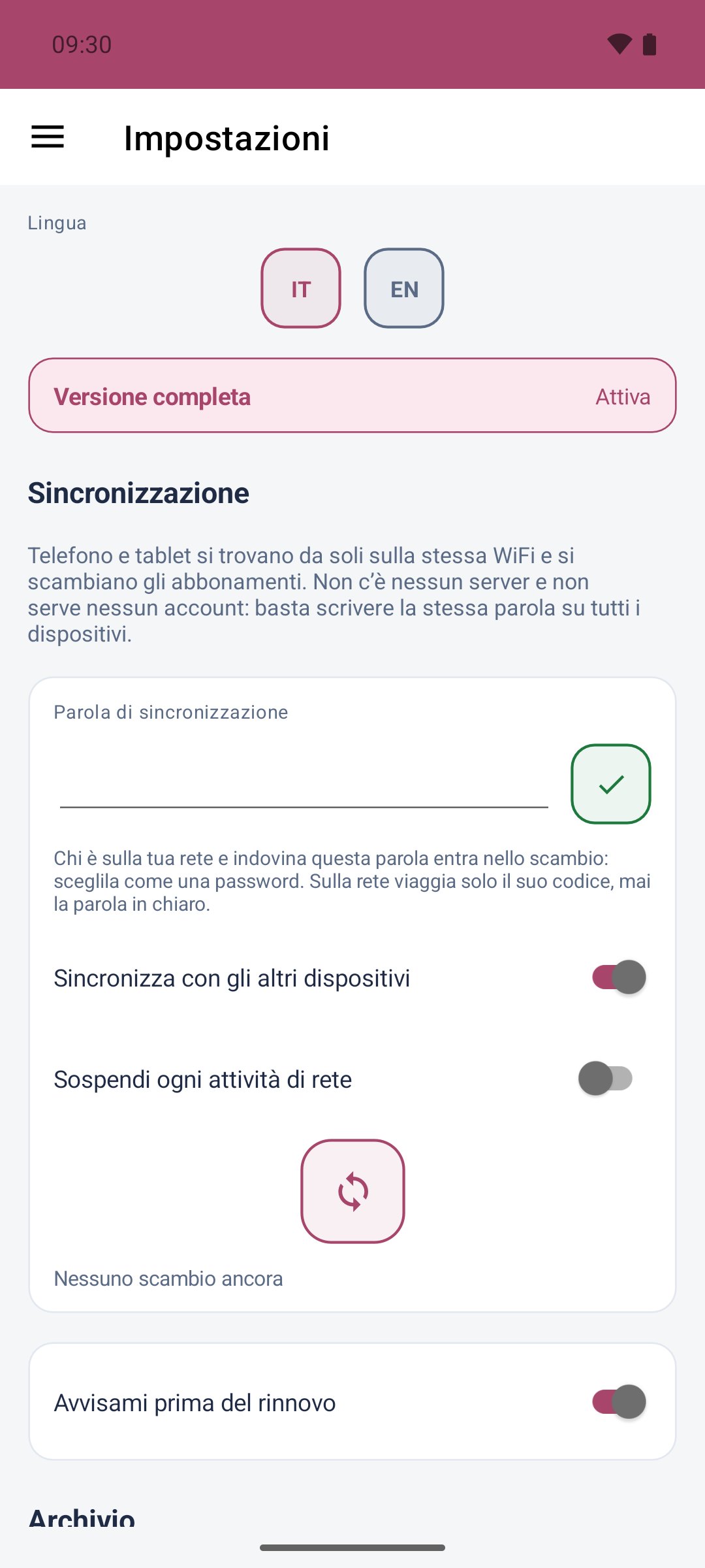 Rinnovi — impostazioni