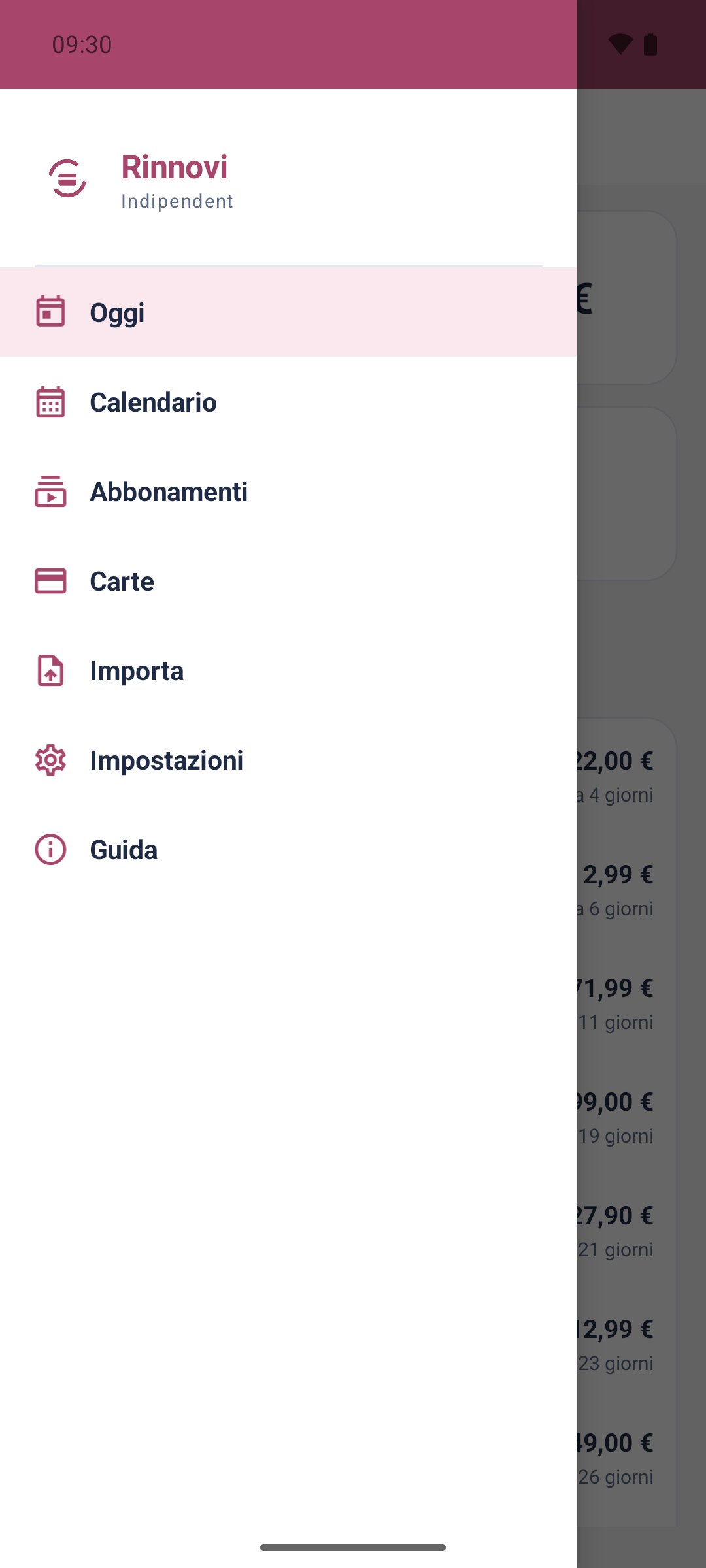 Rinnovi — menu