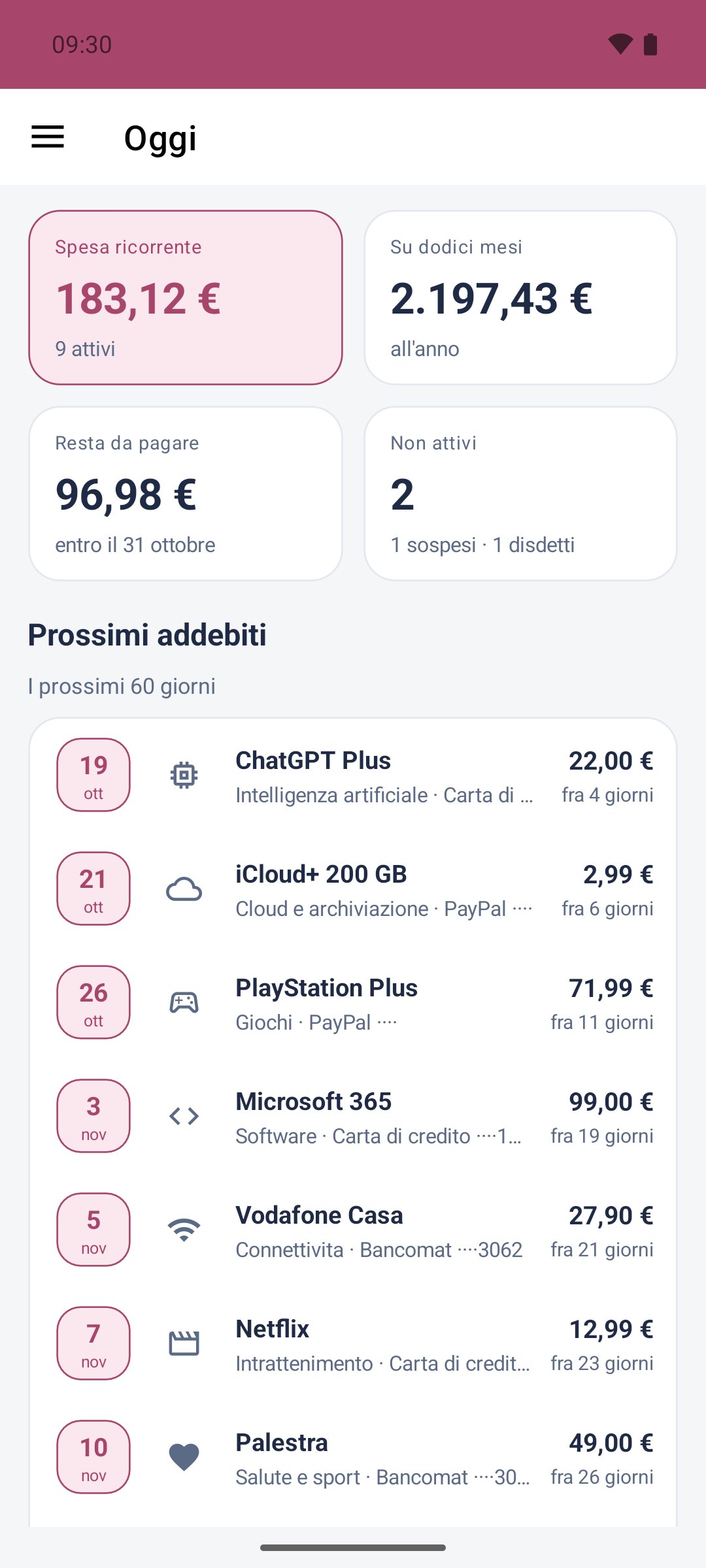 Rinnovi — schermata iniziale